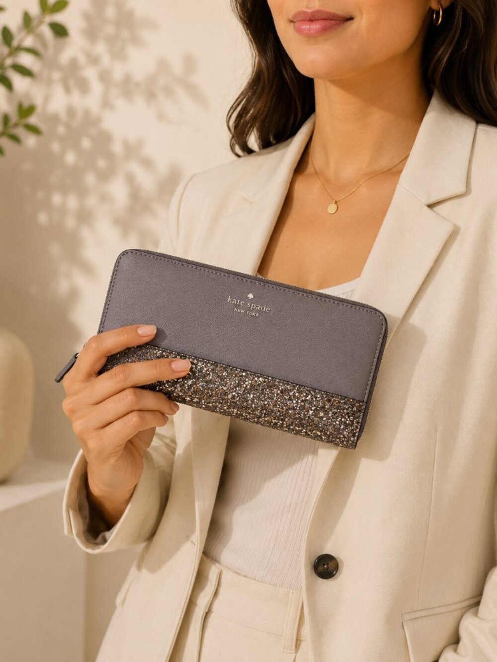 Kate Spade Glitter Zip Around Wallet Taupe Brown Leather Wristlet Clutch